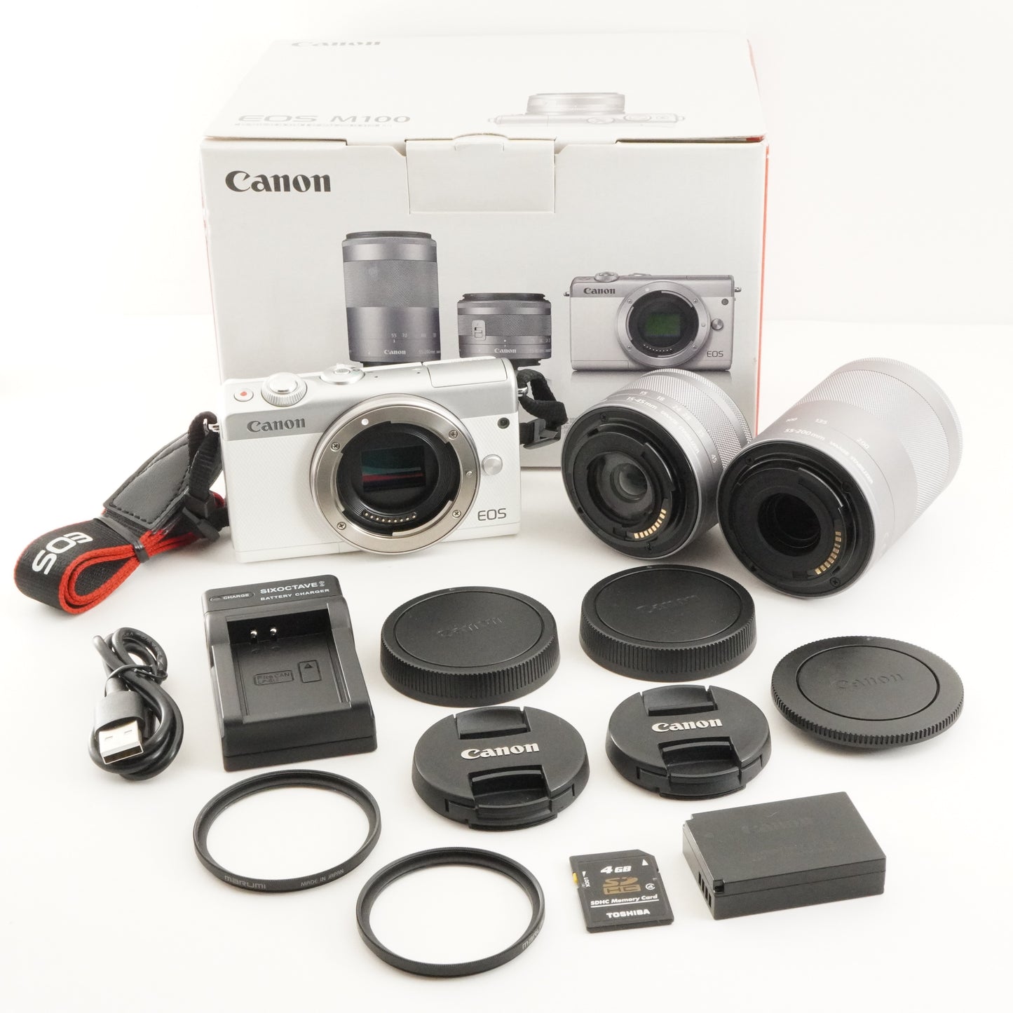 Canon EOS M100 White + EF-M 15-45 + 55-200 In Box + 4GB SDCard from Japan #10438