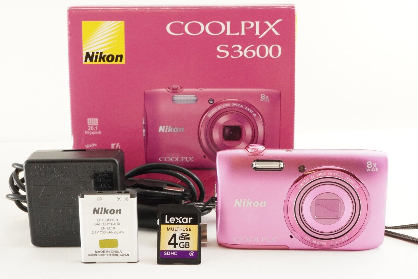 Nikon COOLPIX S3600 Pink In Box & 4GB SDHC Card Digital Camera from Japan #1090