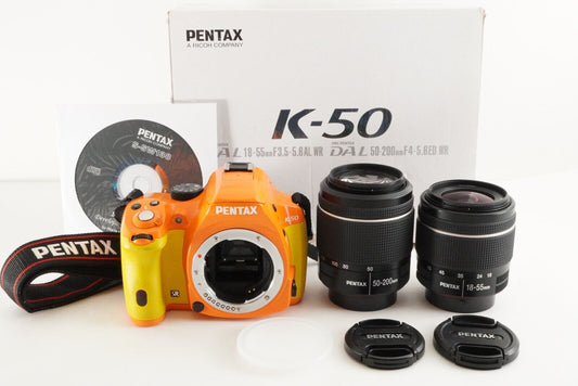 [S/C 4,120] PENTAX K-50 Orange + smc 18-55mm + 50-200mm In Box from Japan #0972