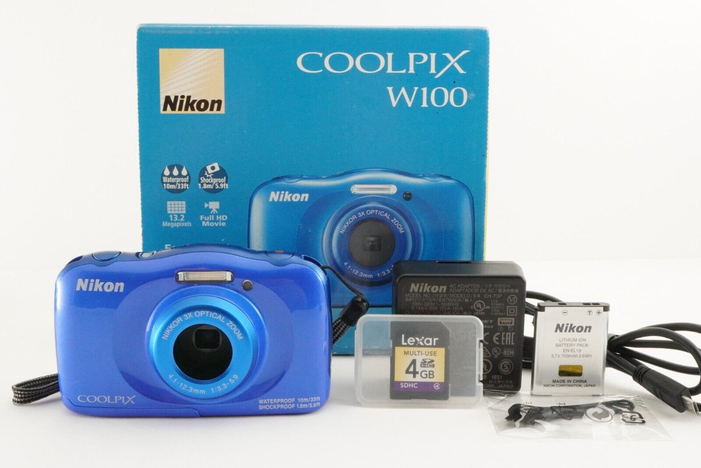 Nikon COOLPIX W100 Blue In Box With 4GB SDHC Card Digital Camera from Japan#1634