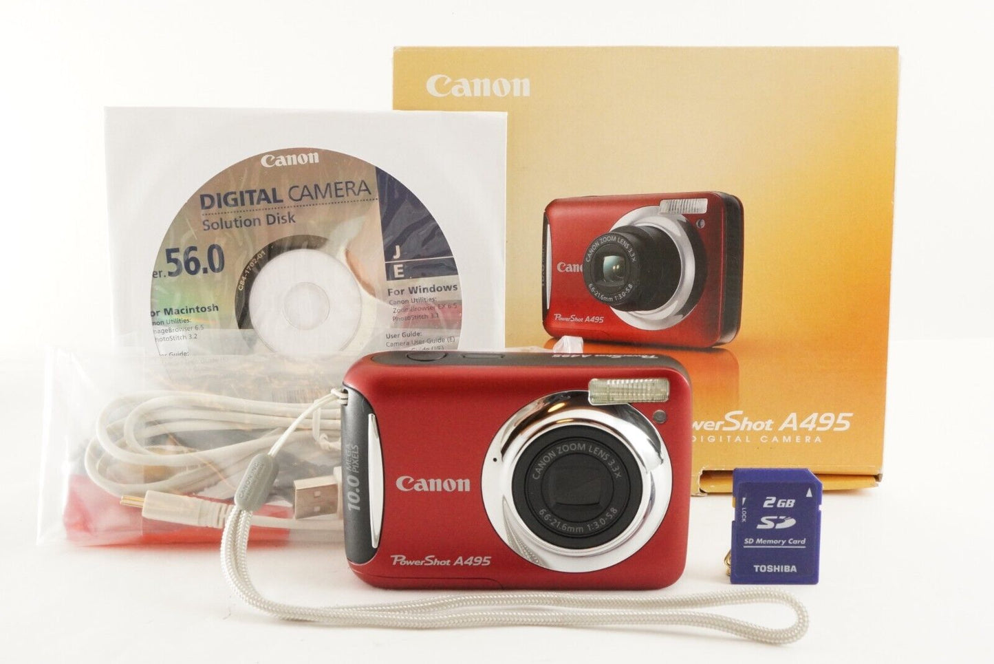 Canon PowerShot A495 Red In Box With 2GB SD Card Digital Camera from Japan #1460