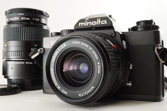 MINOLTA XD-s Black + MD W.ROKKOR 28mm F2.8 + MD MACRO 50mm F3.5 from Japan #0655