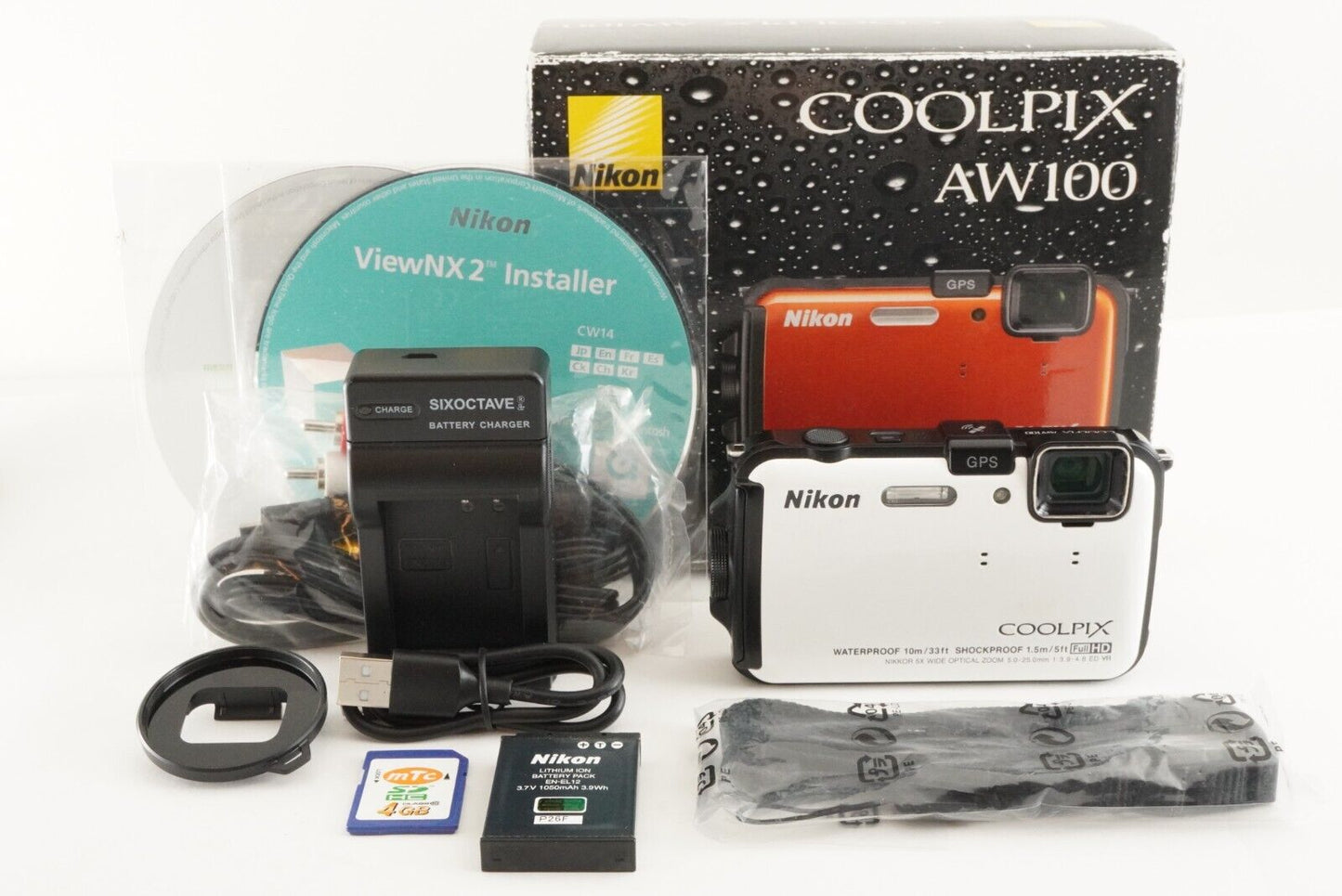 Nikon COOLPIX AW100 White In Box & 4GB SDHC Card Digital Camera from Japan #0930