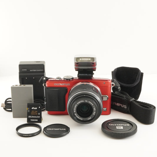 4,595 Shots/ OLYMPUS PEN E-PL6 Red 14-42mm II R + 4GB SDCard from Japan #12728