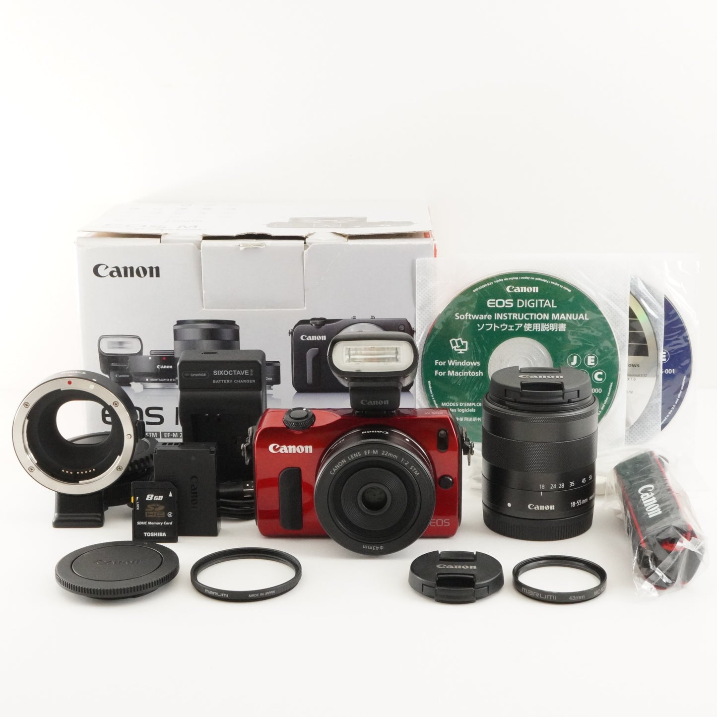 Canon EOS M Red + EF-M 22mm +18-55 +Accessories +8GB SD In Box from Japan #8170