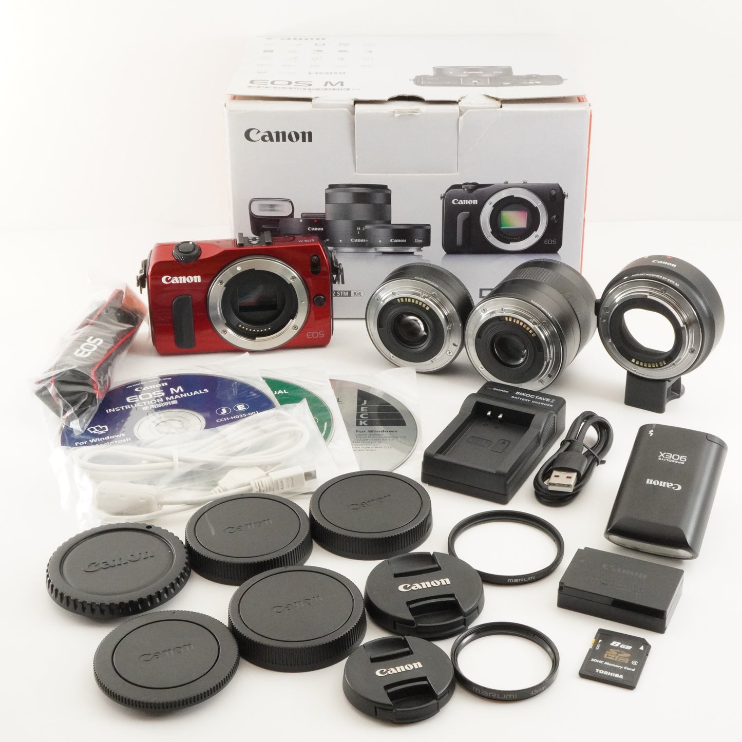 Canon EOS M Red + EF-M 22mm +18-55 +Accessories +8GB SD In Box from Japan #8170