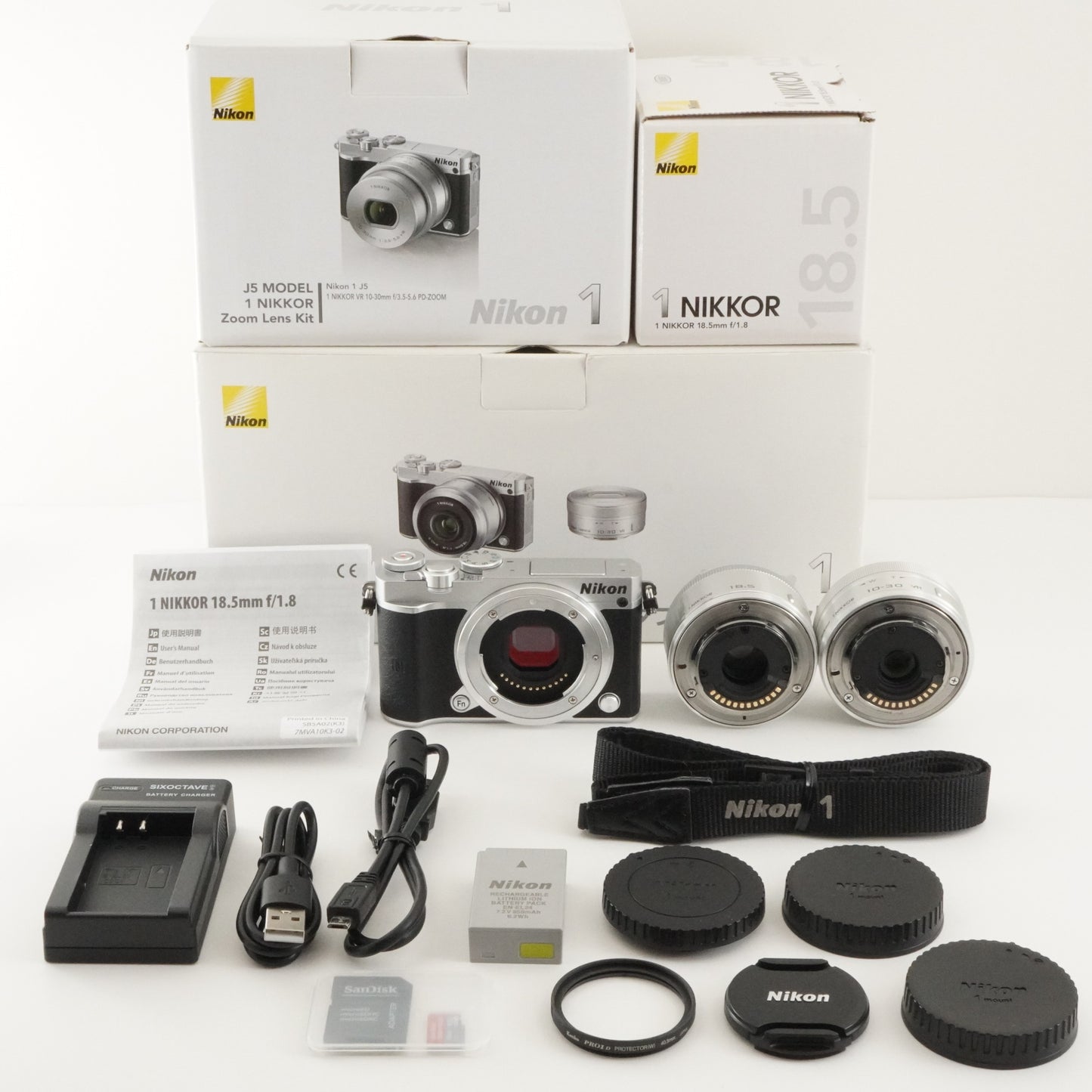 [501 Shots] Nikon 1 J5 Silver +10-30 +18.5mm In Box +8GBmicroSD from Japan #8297