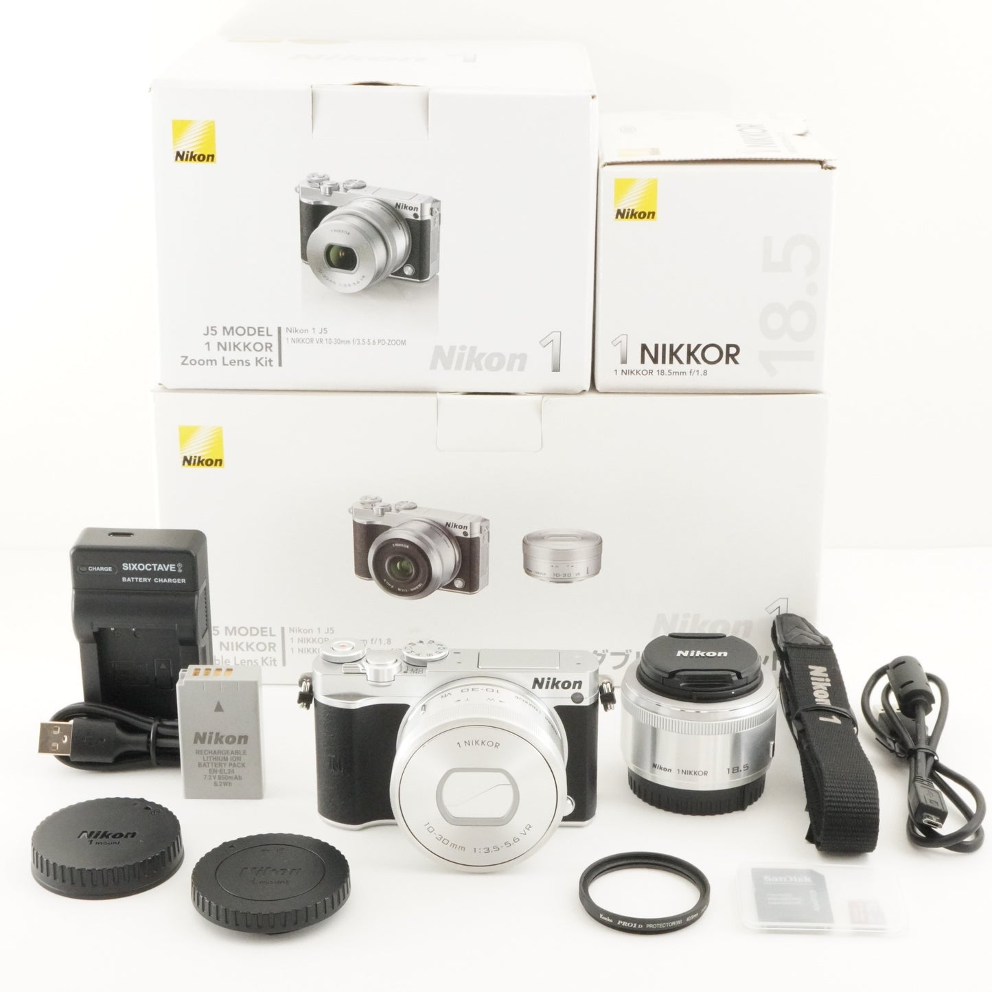 [501 Shots] Nikon 1 J5 Silver +10-30 +18.5mm In Box +8GBmicroSD from Japan #8297