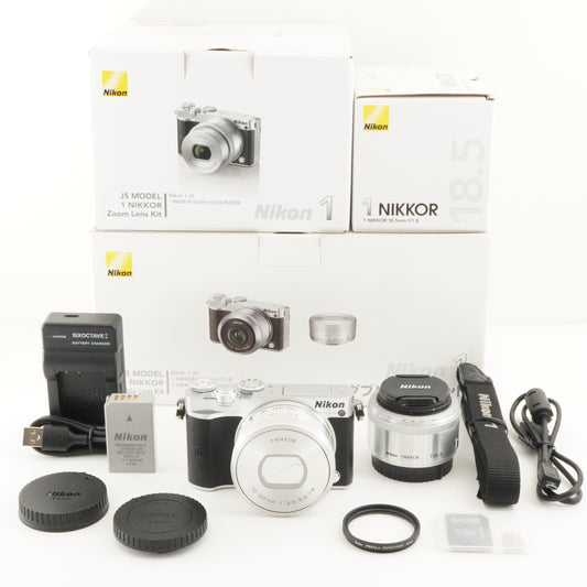 [501 Shots] Nikon 1 J5 Silver +10-30 +18.5mm In Box +8GBmicroSD from Japan #8297