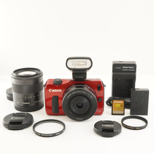 Canon EOS M Red + 22mm F2 STM + 18-55mm + 90EX + 8GB SDHC Card from Japan #9212