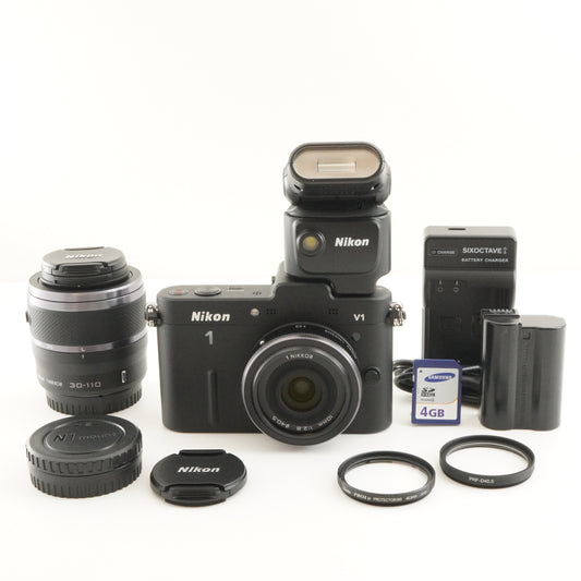 [140 Shots] Nikon 1 V1 Black +10mm F2.8 +30-110mm +SB-N5 +4GBSD from Japan #9264