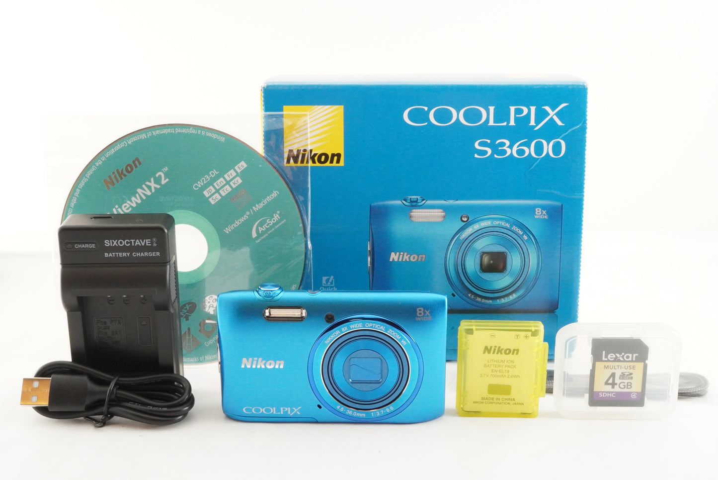 Nikon COOLPIX S3600 Blue In Box + 4GB SDHC Card Digital Camera from Japan #2548