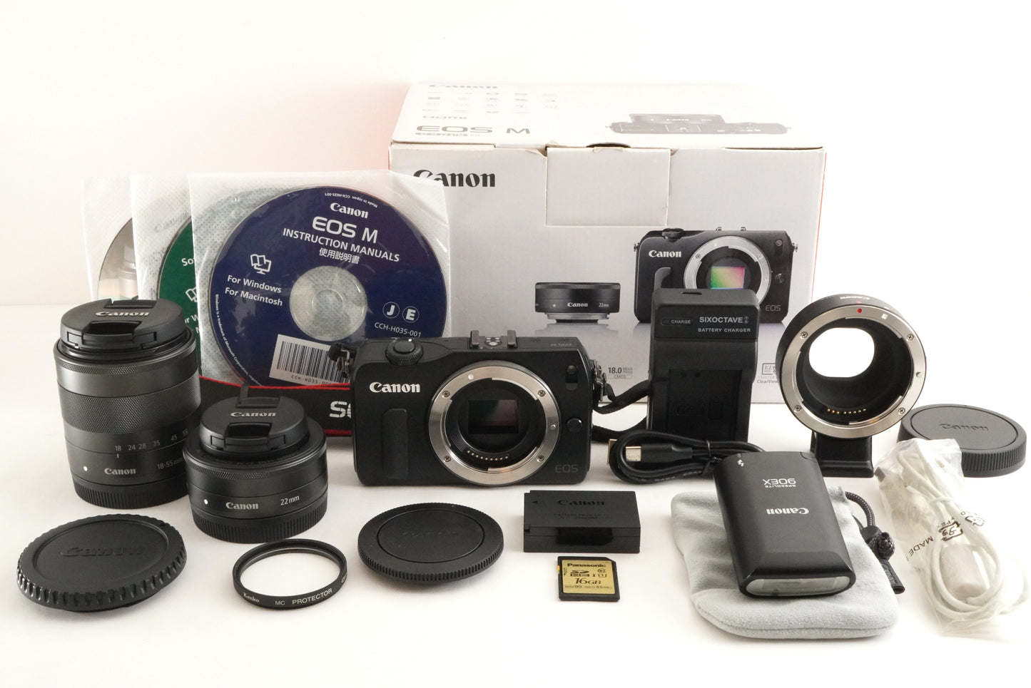 Canon EOS M + EF-M 22mm Kit + 18-55mm + Accessories + 16GB Card from Japan #2810