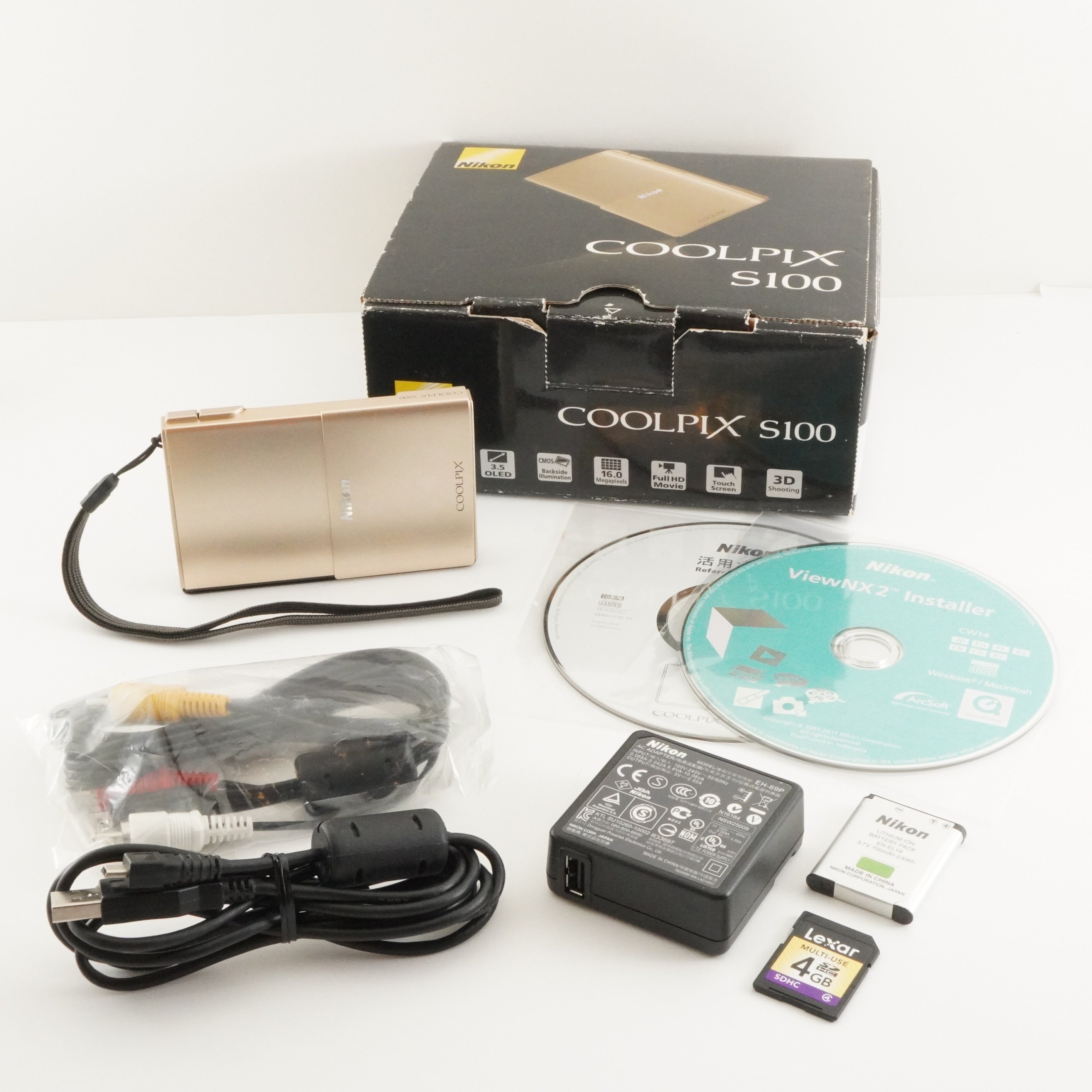 Nicon COOLPIX S100 付属品あり Nikon COOLPIX S100 Gold In Box + 4GB SDHC Card Digital