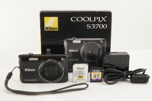 Nikon COOLPIX S3700 Black In Box & 4GB SDHC Card Digital Camera from Japan #1855